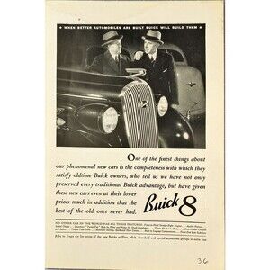 Buick 8 "Satisfies Oldtime Buick Owners But at a Lower Price" Vtg Print Ad 1936